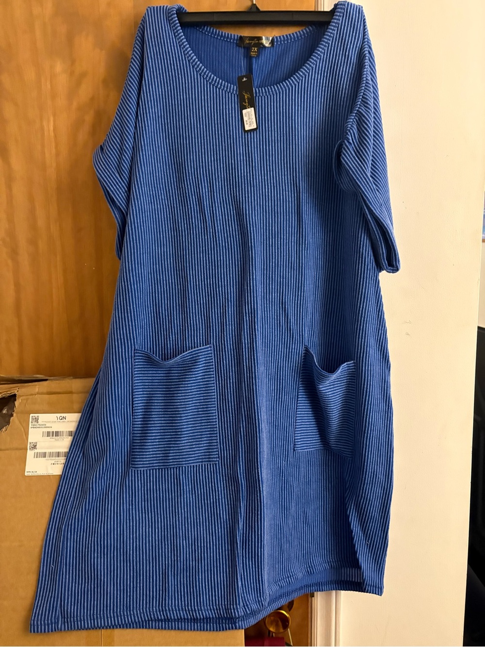 Blue Ribbed Midi Dress with Pockets